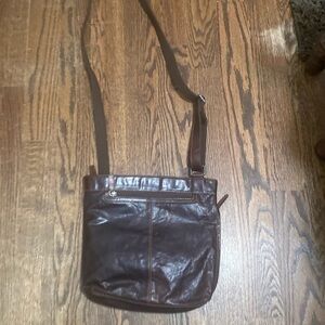 Jack Georges Top and Side Entry Brown Leather Crossbody Bag Purse Striped Intr